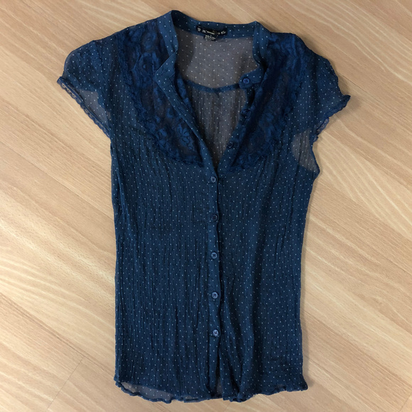Forever21 Sheer Embellished Navy Blue Polkadot Top - Picture 1 of 5